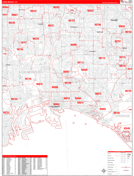 Long Beach City Digital Map Red Line Style
